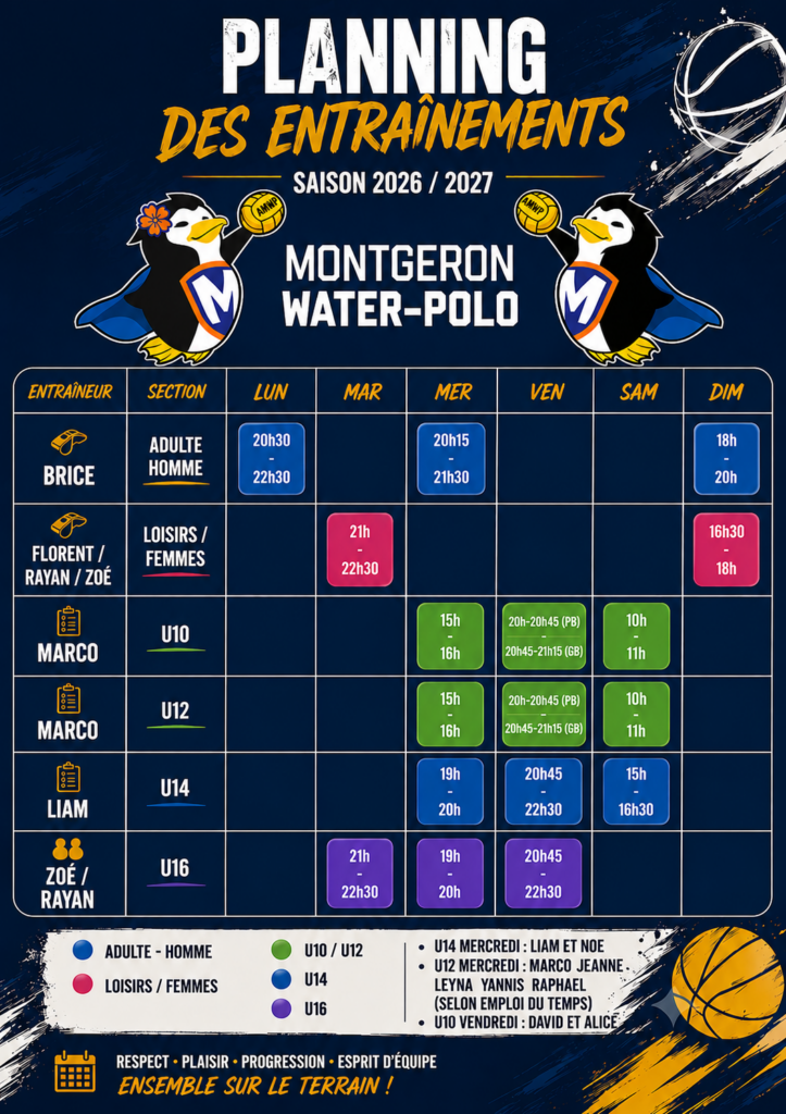 Planning des entraînements du Montgeron Water-Polo, saison 2026/2027 : créneaux par section (adultes, loisirs/femmes, U10, U12, U14, U16)